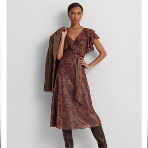 Lauren Ralph Lauren Paisley Chiffon Dress with Ruffle V-Neck- NO BELT